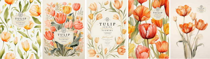 Wall Mural - Tulips. Spring flowers. Watercolor elegant bright illustration of floral seamless pattern, frame, border, leaves, logo for abstract greeting card, wedding invitation or background