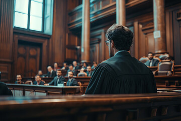 Wall Mural - Show a courtroom scene where a judge is delivering a verdict. 