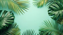 Top View Of Palm Leaves In A Green Pastel Backdrop With A Big Empty Space Inside Of It For Product Advertisement, Generative AI.