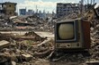 A vintage television rests amid the wreckage of a residence. The remains of a city after disaster struck, with devastated structures and heaps of debris. A portrayal of a. Generative AI