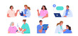 © Irina Strelnikova - Patients meeting doctors set. Medical staff check up patients health, consult, get blood test, medical advice in hospital, clinic. Flat vector illustration isolated on white background.