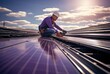 Low angle view of a male worker installing solar panels on the roof