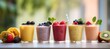 Rows of fruit smoothies with various colors and fresh fruit beside them. generative AI