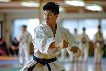 a karate asian martial art training in a dojo hall. young man wearing white kimono and black belt fighting learning, exercising and teaching. students watching in the background.