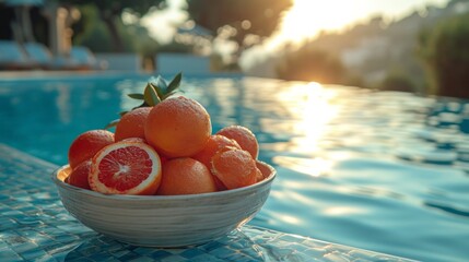 Sticker - Some food sits on a smooth table beside a swimming pool, in the style of 32k uhd, classical elegance, luxuriant, digitally enhanced, white, captivating, travel, Long focal length