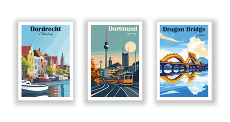 Wall Mural - Dordrecht, Netherlands. Dortmund, Germany. Dragon Bridge, Da Nang, Vietnam - Vintage Travel Posters