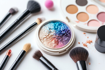 Cosmetics and beauty industry, a set of lipsticks on a background of loose powder and eye shadow, High Angle Still Life of Four Tubes of Various Lipsticks. Multicolored piles of pigment powder