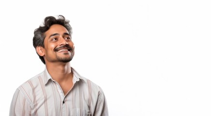 adult hispanic man over isolated background looking away to side with smile on face, natural express