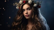 Close-up Of A Young Girl With A Flower Wreath On Her Head. The Concept Of Purity And Innocence. A Variant Of A Photo Shoot. Illustration For Cover, Postcard, Greeting Card, Interior Design.