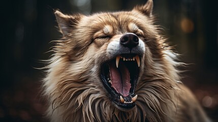close up portrait of a howling wild dog in its natural habitat, wildlife photography