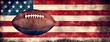 american football ball on the grass with american flag,, horizontal wallpaper or banner, large copy space for text. sport,  show and big game concept 