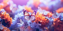Butterflies Flying Over Colorful Flowers. Generative AI
