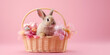 White rabbit with gift flower by Christmas tree Cartoon style ,A basket of flowers with a bunny in it,
