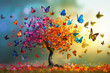 background of the fantastic butterfly tree. Elegant colorful tree with vibrant leaves hanging branches illustration background. Bright color 3d abstraction wallpaper for interior mural painting wall a