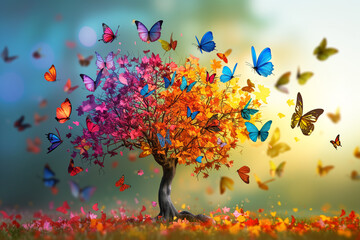 background of the fantastic butterfly tree. elegant colorful tree with vibrant leaves hanging branch