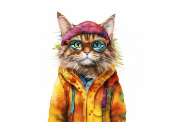  Hippie cat in sunglasses, watercolor bright colorful illustration, white isolated background. 
