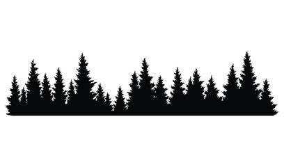 Wall Mural - Fir trees silhouette. Coniferous spruce horizontal background pattern, black evergreen woods vector illustration. Beautiful hand drawn panorama of coniferous forest