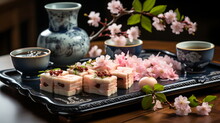 Japanese Dessert Mochi With Matcha Green Tea Powder And Cherry, Japanese Tea Ceremony