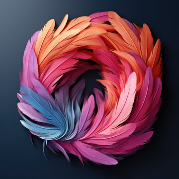 The letter O is made up of colored feathers.