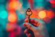 hand holding an exquisite key, the focal point against a fancy modern blurry background, symbolizing the power and control associated with access to exclusive spaces or possessions