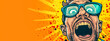 © edojob - pop art style illustration depicting a man with an exaggerated expression of surprise, wearing blue-framed glasses, against a vibrant orange background with paint splatters.