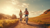 Fototapeta  - In a charming rural setting, a rear view captures idyllic scene  children joyfully riding bicycles along peaceful country road,creating a nostalgic and heartwarming tableau carefree childhood moments.