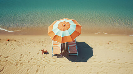 Wall Mural - summer scene. beach umbrella and chair against beautiful blue ocean. Travel and vacation concept