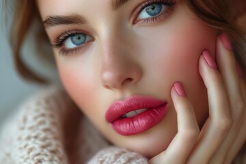 Wall Mural - Close up of perfect lips with glossy pink lipstick, matching manicure. Beauty and makeup concept