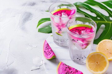 A couple of glasses filled with home made lemonade from dragon fruit, lemon and ice.