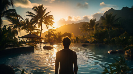 Wall Mural - person, handsome man watching the sunset on the beach at a hotel in a tropical resort. Palms against mountains