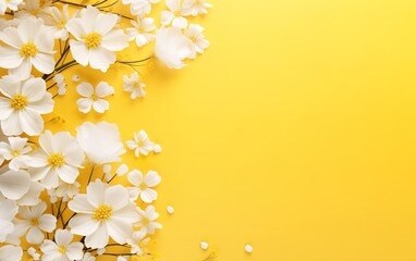Wall Mural - Beautiful white flowers in photo on yellow Background with empty space beside for your text. generative AI