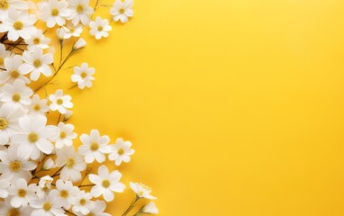 Wall Mural - Beautiful white flowers in photo on yellow Background with empty space beside for your text. generative AI