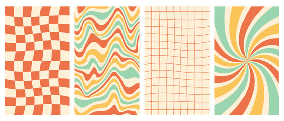 Wall Mural - Vertical groovy posters in trendy retro 70s style. Chessboard and twisted patterns. Vector illustration.