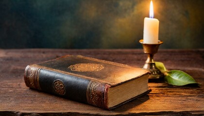 Wall Mural - An antique leather-bound book rests on a weathered wooden table, bathed in the soft glow of candlelight. transports viewers to a bygone era of storytelling, book and candle
