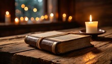 Candle And Book On Wooden Table, An Antique Leather-bound Book Rests On A Weathered Wooden Table, Bathed In The Soft Glow Of Candlelight. Transports Viewers To A Bygone Era Of Storytelling,