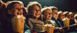 Children smile and happy watching movies in the movie theater