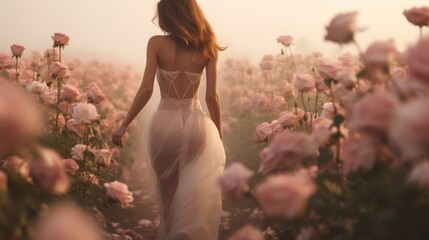 The girl in the dress, facing back, walks the field of pink roses.