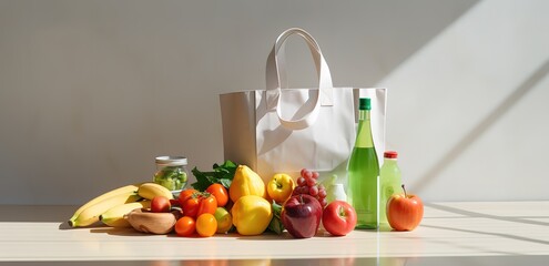 Wall Mural - A white bag decorated with fresh fruit beside it in front of a textured light brown wall. generative AI