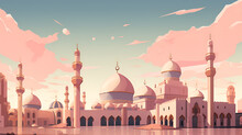 Dark Mosque Silhouette On Colorful Red And Violet Sunset Sky And Clouds Background, Vector Banner Illustration, View Of Mosque During Sunset, Generative AI