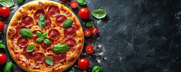 Wall Mural - Delicious pepperoni pizza on a dark background, sausage pizza, italian pepperoni pizza in pizzeria