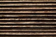 Grunge Wood Stripes. Raw Brown Wooden Wall Background. Rustic Tree Desk With Knots Pattern. Countryside Architecture Wall. Village Building Construction. Brown Wood Texture. Wooden Lines Pattern.