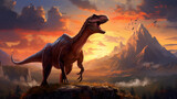 epic wallpaper artwork showing a dinosaur screaming on top of the mountain in front of a sunset