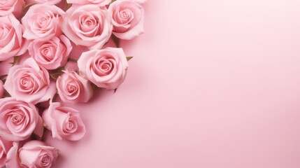 Wall Mural - Flat lay top view pink roses, isolated on a pastel background for Valentine's Day, International Women's Day, Mother's Day card or background