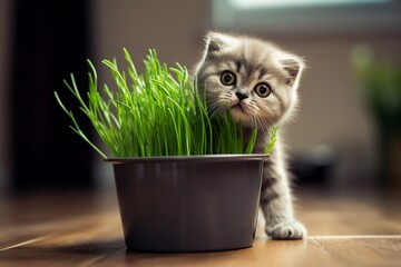 Small kitten and a pot of fresh grass. Cat eating grass, natural hairball treatment.