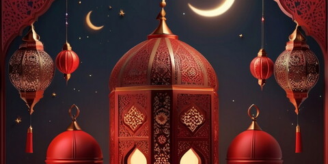 Wall Mural - 3d Crecent moon and lantern for Ramadan and Eid background design template with mosque for Muslim festival 