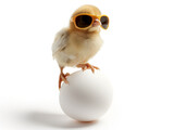 Fototapeta Zwierzęta - Chick wearing sunglasses steps on a white egg isolated on white background. Clear light. Generative Ai