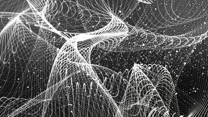 Poster - Black and white Abstract dots or particle backgrounds. 3D rendering of bright glowing purple distorted particles in waves. Particles Futuristic digital background for business Science and technology
