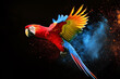 Scarlet macaw parrot flying isolated on black background. Extreme close-up of colorful parrot flying from splash of paint, creativity concept. A captivating splatter art composition featuring a parrot