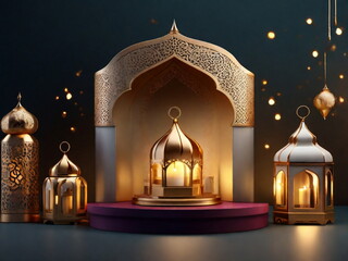 Wall Mural - 3d Crecent moon and lantern for Ramadan and Eid background design template with mosque for Muslim festival 