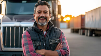 Confident male truck driver standing with his arms crossed in front of a truck, smiling at the camera during a sunny day.